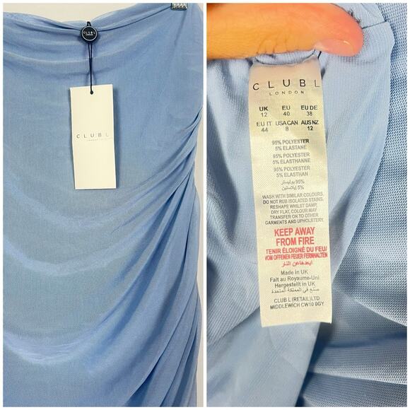 NWT CLUB L LONDON Maternity Blue Strapless Bodycon Ruched Mesh Midi Dress US 8 - Picture 7 of 11